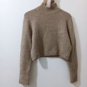 Zara Mocha Taupe Tan Cozy Alpaca Wool Blend Cropped Mock Turtleneck Sweater
